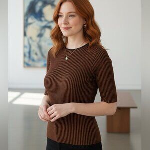 AKRIS Punto Wool Ribbed Stretch Short Sleeve Crew Neck Sweater Top Tunic Knit 10